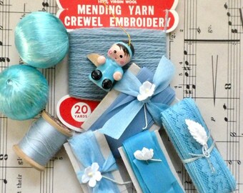 Vintage Turquoise Blue Craft Supply Bundle | Wrights Seam Binding, Lily Crewel Yarn, Wooden Angel Ornaments | Junk Journal Sewing Notions