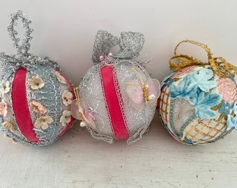 Vintage Christmas Ornaments, Handmade Ball Ornament, Boho Style Silver and Pink Holiday Décor, Instant Collection