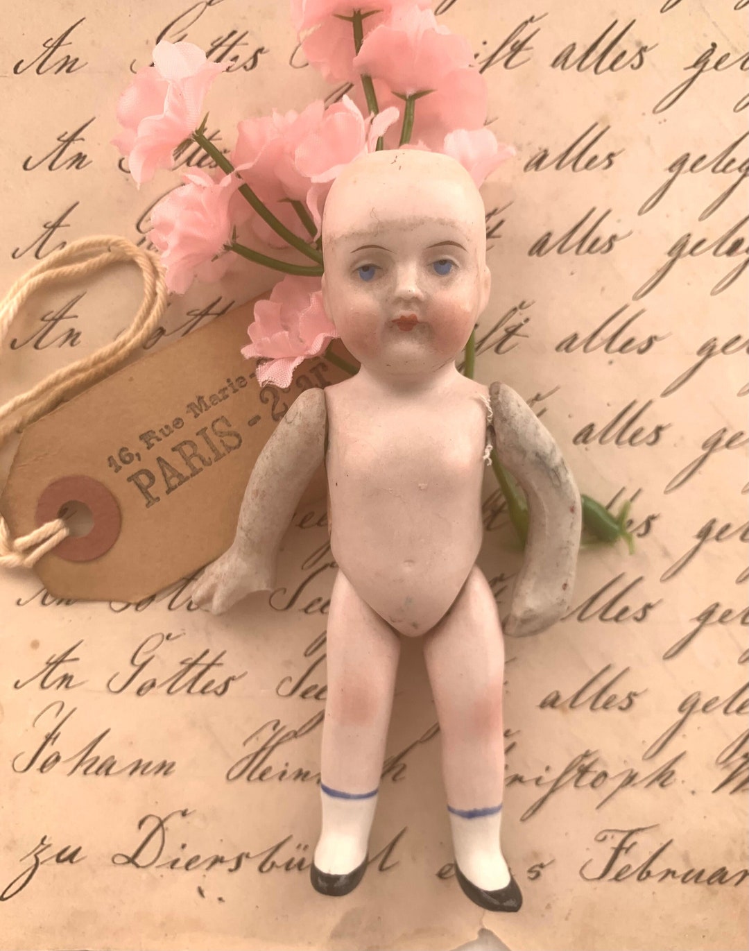 Antique Porcelain Bisque Pocket Doll, Itty Bitty Baby, Moveable
