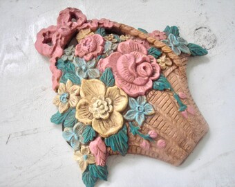 French Country Flower Basket Wall Plaque | Vintage Style 3D Resin Floral Decor | Pink Yellow Teal Roses | Cottagecore Shabby Chic Farmhouse