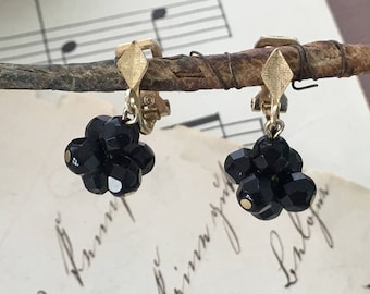 Vintage Black Crystal Clip-On Earrings – Gold Tone Drop – Faceted Glass Flower – 1968 Patent