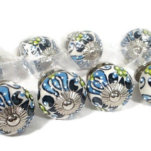 Lot of 8 Decorative Cabinet Knobs Drawer Dresser Craft Supply Pulls Ceramic Blue Yellow Flower Design Lge 1 1/2" Wide Hardware Free Shipping