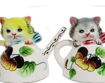 Vintage Cat Salt and Pepper Shakers Kittens In Tea Pots Watering Cans Gray Yellow Pink Blue Bows Mid Century Kitchen Kitsch Free Shipping