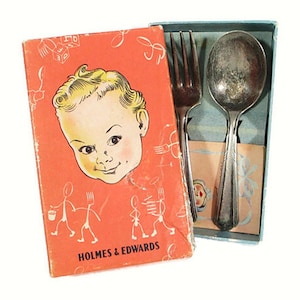 Vintage Holmes And Edwards Baby Spoon And Fork Set Monarch Plate Original Gift Box Mid Century Child Flatware 4.25 Long Free Shipping