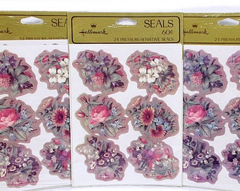 Vintage Hallmark Flower Stickers 3 Packages SEALED 72 Pressure Sensitive Seals Decorative NOS Paper Ephemera Craft Supply Free Shipping