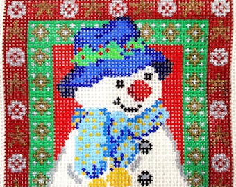 SNOWMAN Cross Stitch 8 x 8 Canvas 16 Mesh Colorful Christmas Winter Holiday Design Color Chart Embroidery Needlepoint Craft Free Shipping