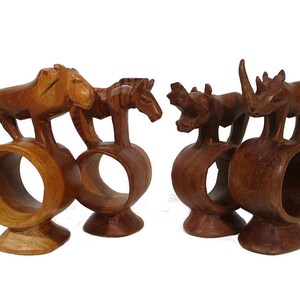 Vintage Wooden Jungle Animal Hand Carved Napkin Rings Set Of 4 Warthog Zebra Rhino Lion Wild Animal Dining Tableware Accessory Free Shipping image 1