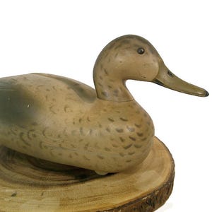 May include: A vintage duck decoy, painted in shades of brown and tan, rests on a wooden slice. The duck has a detailed, textured surface and a long, flat beak. The decoy is a classic piece of Americana.
