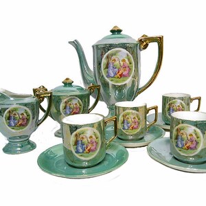 Vintage Mint Green Lusterware Demitasse Set: 13 Pc Cups, Saucers, Pot, Sugar, Creamer (Japan)