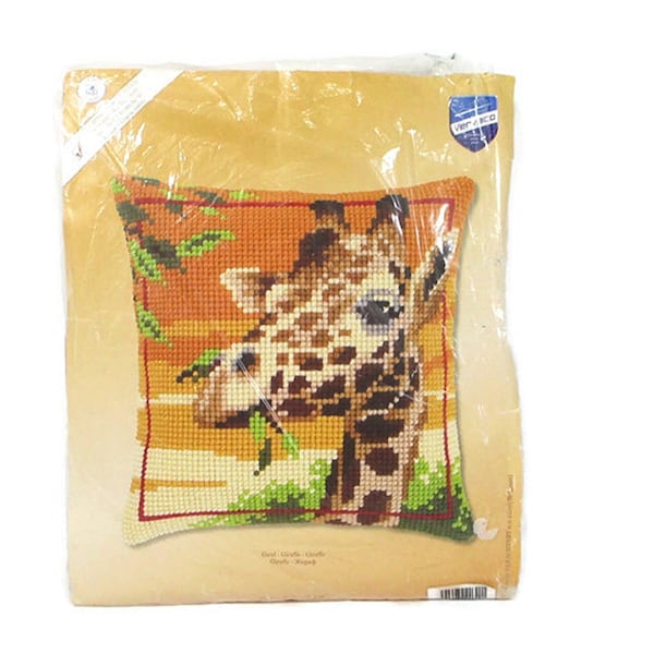 Vintage Vervaco GIRAFFE Cross Stitch Pillow Kit Front Only Large Stitch Canvas Open Unused Jungle Animal 16 x 16 Easy Craft Free Shipping