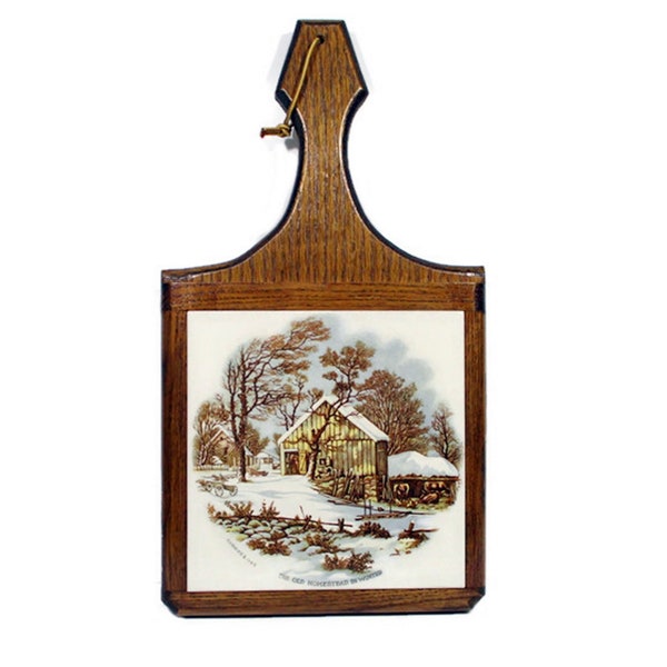 Vintage Oak Wooden Ex Large Trivet Hot Pad With Tile Currier & Ives Winter Farmhouse Country Cottage Kitchen Decor Tableware Free Shipping