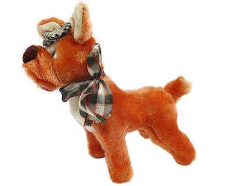 Vintage Toy Plush Orange DOG Stuffed Animal Mid Century Boxer Terrier Newsboy Cap Bow Straw Sawdust Excelsior? Mohair Japan Free Shipping