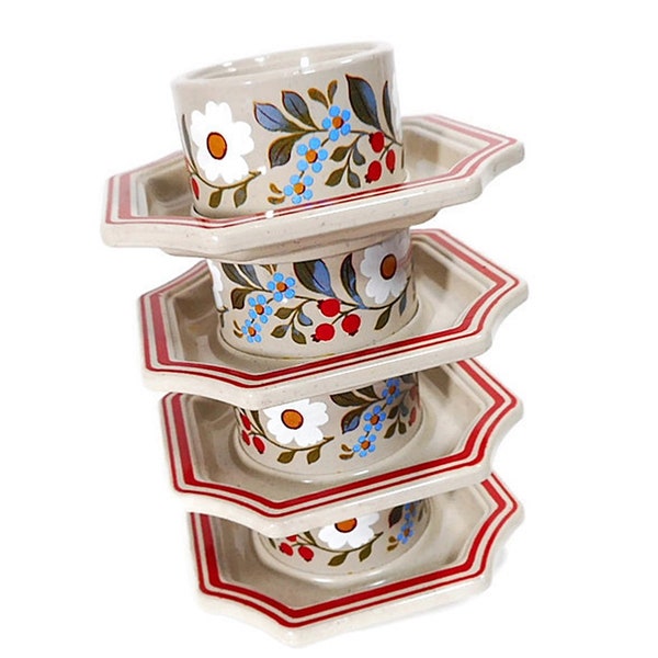 4 Vintage Plastic Egg Cups Attached Saucer Plates W Germany Beige Red White Blue Stackable Free Shipping