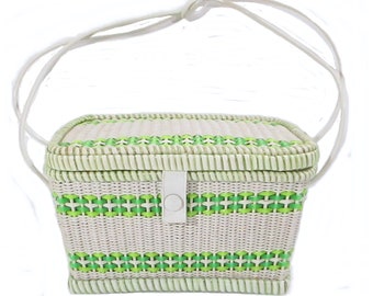 Vintage 60's Small Sewing Basket Mod Vinyl Cord Weave Handle White Green Little Purse Container Lined Craft Organizer Storage Free Shipping