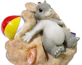 Vintage Fitz and Floyd Charming Tails Binkeys Sand Angel Bunny Figurine 83/105 Beach Ball Gray Rabbit Lady Bug Summer Decor Free Shipping