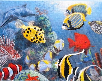 1996 Vintage Dimensions Gallery Crewel Kit FISH HAVEN 7 x 5 Printed Full Color Homespun Opened Unused Tropical Ocean Life Free Shipping