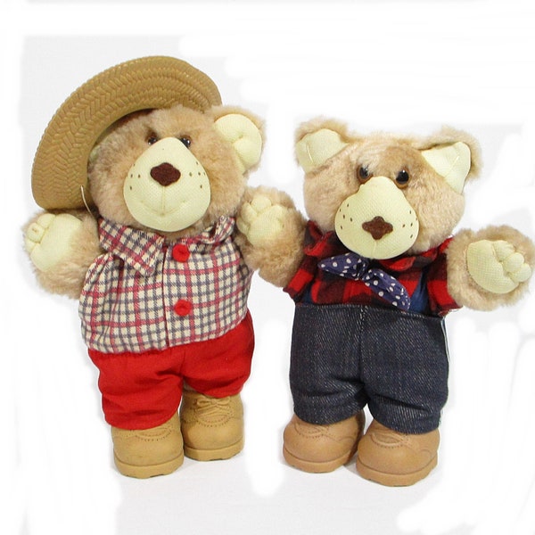 1986 Vintage FURSKINS Teddy Bears Soft Plush Pair Clothing Vinyl Boots Xavier Roberts Appalachian Artwork Gift Under Twenty Free Shipping