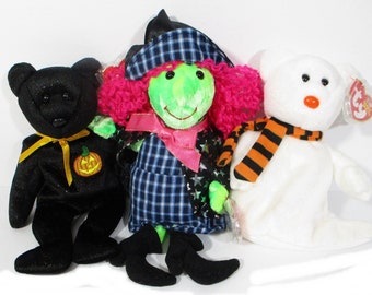 Vintage Halloween Ghost Witch Black Bear Plush Beanie Babies Scary Haunt & Quivers Set Of 3 Party Decor Play Pretend With Tags Free Shipping