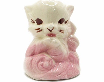 Vintage CAT KITTEN Ceramic Pottery Vase Planter Cream Kitty Brown Eyes Pink Bow Mid Century Cottagecore Animal Home Decor  Free Shipping