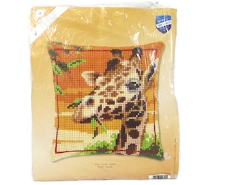 Vintage Vervaco GIRAFFE Cross Stitch Pillow Kit Front Only Large Stitch Canvas Open Unused Jungle Animal 16 x 16 Easy Craft Free Shipping