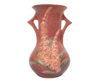 1940s Vintage Roseville Pottery PINK FOXGLOVE Double Handled VASE 43-6 Art Deco Style Home Decor Floral Fine Art Cottagecore Free Shipping