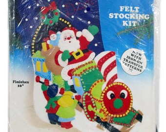 Vintage Santa Claus TRAIN Christmas Stocking Kit NIP Toys Kids Personalize Choo Choo Train Holiday Kids Stocking Felt Craft Free Shipping