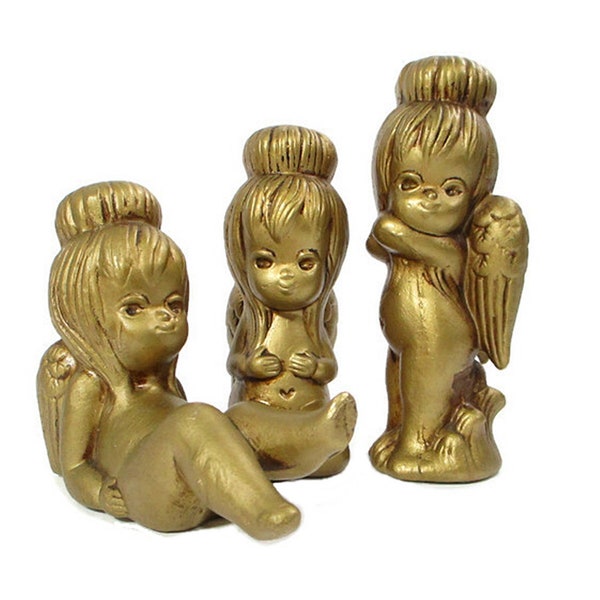 Vintage ANGEL TRIO Mid Century Mod Christmas Angel Cherub Figurines GOLD Tone Ceramic Plaster Holiday Decor 1960 - 1970s Japan Free Shipping