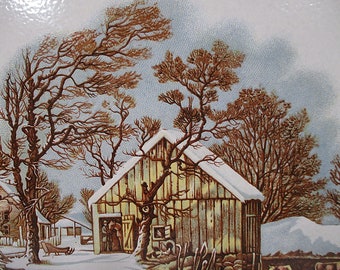 Vintage Extra Large Tile And Oak Wooden Trivet Hot Pad Currier & Ives Old Homestead In Winter Farmhouse Country Cottage Decor Free Shipping