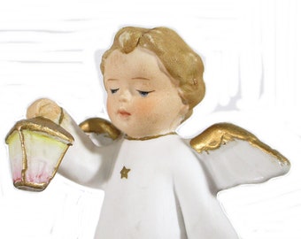 Vintage ANGEL Baby Jesus In Manger Bisque Figurine Cherub White Gold Stars Choir Gown Lantern Holiday Christmas Home Decor Free Shipping