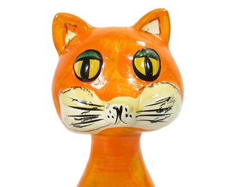 1970's Vintage CAT BANK Mod Neon Bright Orange Plaster Ware Ceramic Retro Coin Groovy Kitty Hand Painted Kitsch w/Stopper Free Shipping