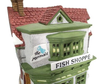 1988 Vintage Dept 56 MERMAID FISH SHOPPE Porcelain Dickens Christmas Village House Original Box No Light Holiday Decoration Free Shipping