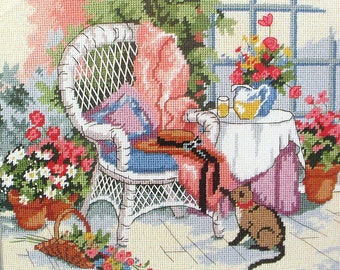 1989 Vintage Dimensions From The Heart Needlepoint Kit Siamese Cat SUNROOM RETREAT Pure Wool Printed 12 Mesh Cottagecore Free Shipping