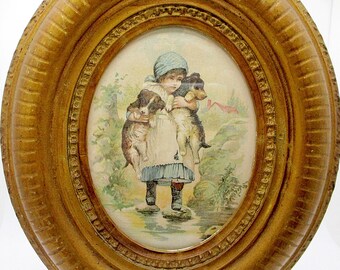 Vintage Antique Wooden Oval Picture Frame Little Girl Dogs Puppies Hand Made Cottage Core Country Farmhouse Gallery Wall Art Free Shipping