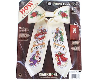 Vintage Mystical ANGELS Bow Dimension Counted Cross Stitch Kit NIP Merry Christmas Happy New Year 14 Ct Aida Holiday Decor Free Shipping