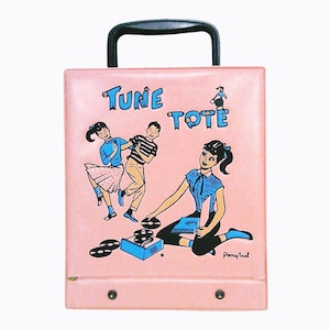 May include: Pink vintage record player case with a black handle and the words "Tune Tote" in blue. The case features a cartoon illustration of people dancing and listening to music. The case is designed to carry vinyl records.