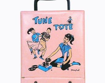 Vintage Pink Ponytail Tune Vinyl Tote 45 RPM Record Holder Mid Century Teen Rock n Roll Music Storage