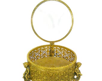Vintage Ormolu Filigree Jewelry Box Cherub Footed Beveled Glass Casket Romantic Cottage Keepsake Vanity Container