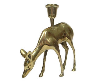 Vintage Solid Brass DEER Candle Holder Doe Animal Statue Table Mantel Farmhouse Country Woodland Lodge Cottage Home Decor Free Shipping