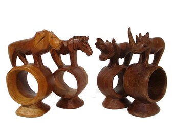 Vintage Wooden Jungle Animal Hand Carved Napkin Rings Set Of 4 Warthog Zebra Rhino Lion Wild Animal Dining Tableware Accessory Free Shipping