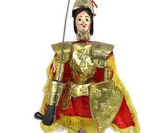 Vintage Italian Marionette Rod Puppet Knight Armor Helmet Sword Tin Metal Wood Fabric Cape Handcrafted Art Doll Show Collect Free Shipping