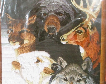 Rare 2001 Janlynn Wild And Free L5248 Longstitch Needlepoint Kit NIP Wildlife Animals Bears Puma Deer Wolf Cabin Lodge Decor Free Shipping