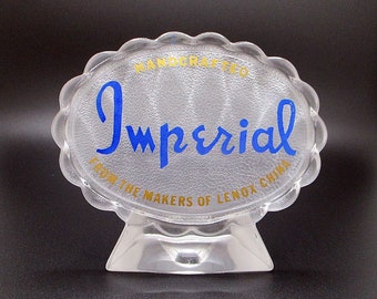 Vintage Lenox IMPERIAL China Department Store Counter Display SIGN Scalloped Oval Design Gold Blue Clear & Frosted Glass Free Shipping