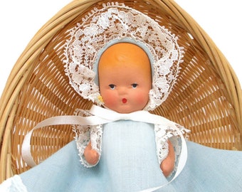 1940s Vintage K & H USA Painted Bisque 4 Inch Storybook Baby Doll In Basket Jointed Kerr And Hinz Blue Bonnet Dress Mini Doll Free Shipping