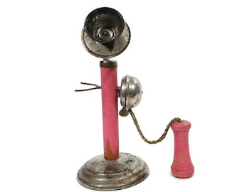 1920s Vintage PINK Toy Candlestick Telephone Original Cord Bell Works Wood Metal Cottage Core Doll Phone Play Display Restore Free Shipping