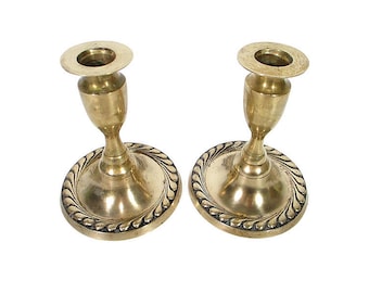 Vintage Solid Brass Candlestick Holders Pair Decorative Metal Round Base Lighting Tapers  Home Decor Accessory Mid Century Mod Free Shipping