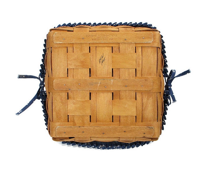 1995 Vintage Longaberger Basket Blue Fabric Liner Plastic Protector Square 12 x 12 Fixed Handle Farmhouse Cottage Home Decor Free Shipping image 5