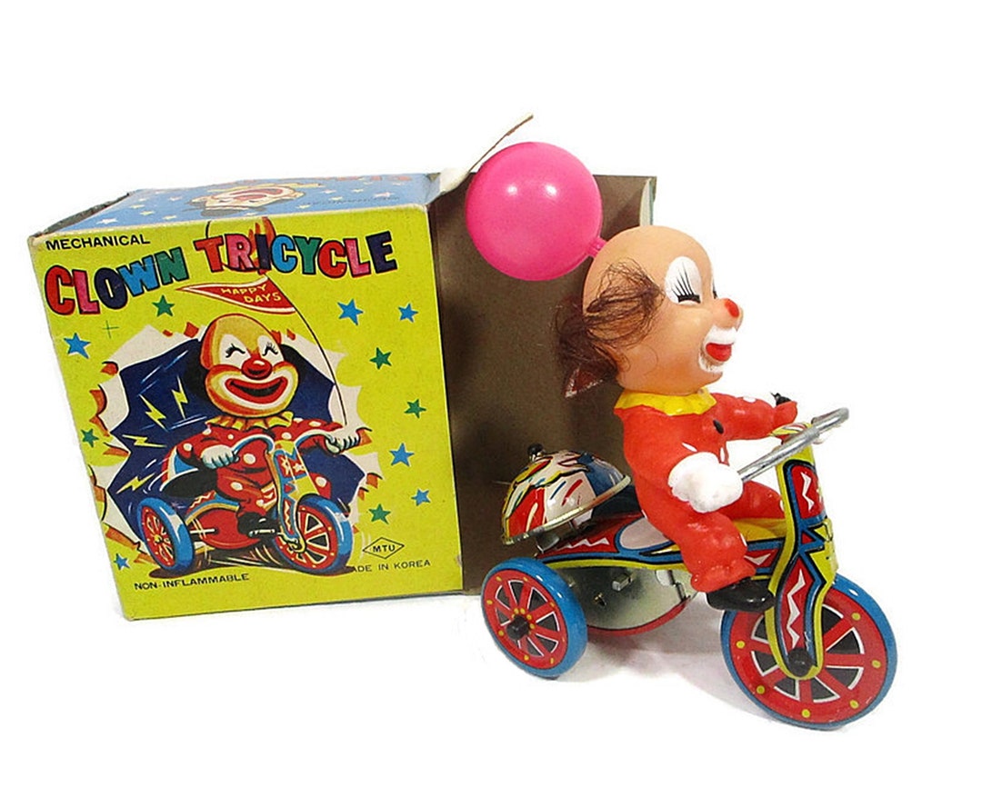 Vintage Mechanical Toy Clown Tricycle Works Key Wind up Bell Etsy