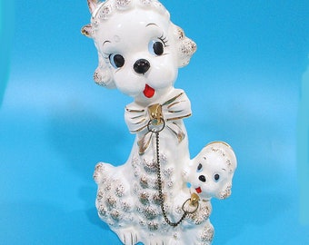Vintage Ceramic White Poodle & Puppy Dog Figurine Blue Eyes MCM Sparkly Gold Accents Bow Chain Hand Painted Animal Lover Gift Free Shipping
