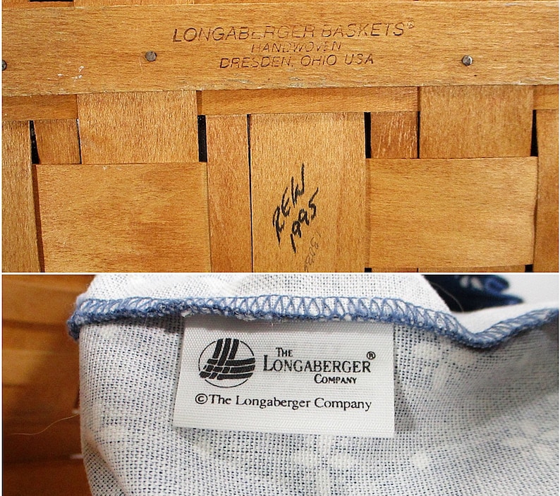 1995 Vintage Longaberger Basket Blue Fabric Liner Plastic Protector Square 12 x 12 Fixed Handle Farmhouse Cottage Home Decor Free Shipping image 6