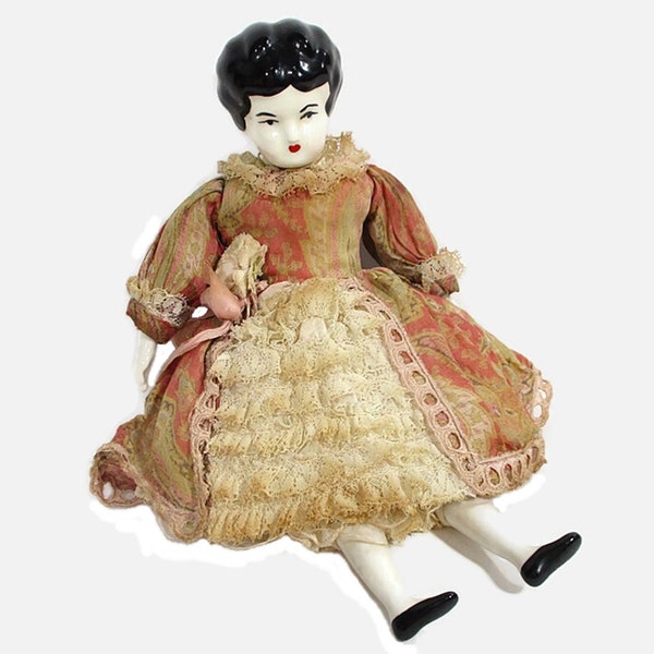 Vintage Small Porcelain Doll Head Hands Feet Stuffed Body Old Doll Dress Painted Features Christmas Gift Doll Lover Slip Lace Free Shipping
